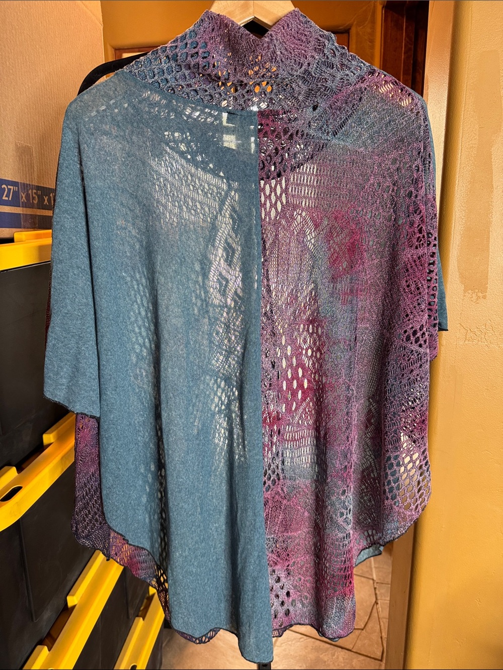 Dor Dor Couture Teal Purple Crochet Poncho Cowl Neck Boho Open Knit OSFM - Picture 9 of 12